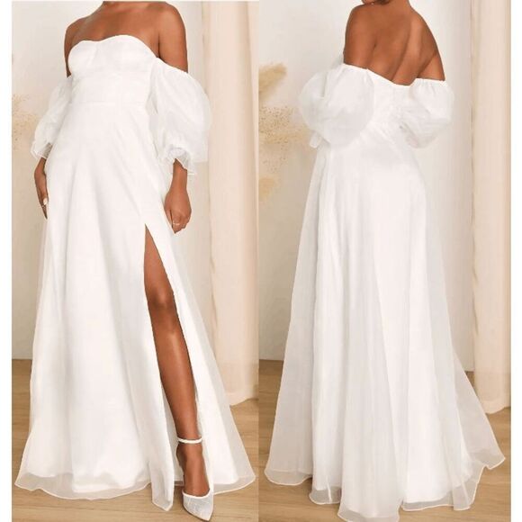 Lulu's White Bustier Off-The-Shoulder Maxi Dress S/M - Picture 1 of 8